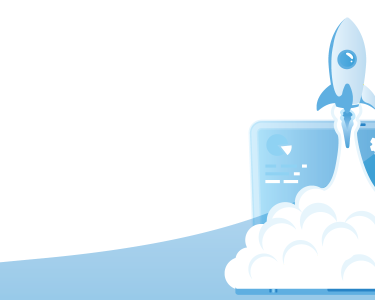 Illustration of an open laptop featuring charts with a small rocket taking off into the air in front of it.