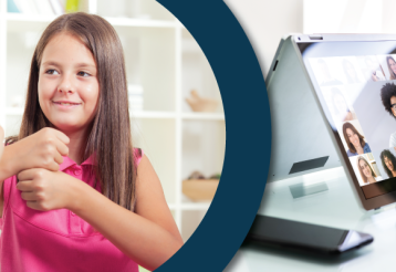 On the left a girl uses American Sign Language with an adult. On the right an open computer on a desk runs video conferencing software. 