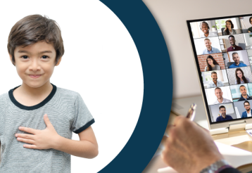 On the left a boy uses American Sign Language. On the right is an open laptop running teleconferencing software. 