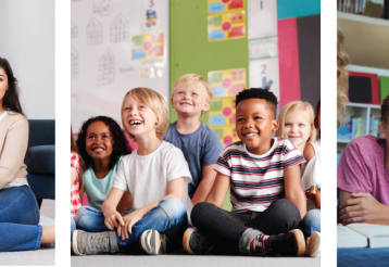 A collage of three images showing young children with parents, elementary students in a classroom, and teenagers in a library. 