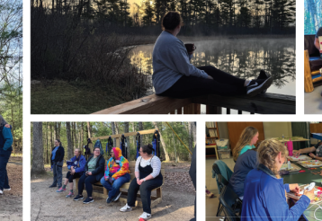 Group of people enjoying outdoor activities and craft sessions in nature, including a climbing wall, lakeside relaxation, and indoor gatherings.