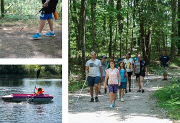 A collage of images shows campers jumping off a dock into a lake, kayaking, hiking down tree lined paths with white canes, doing arts and crafts with beads, and moving along a rope challenge course. 