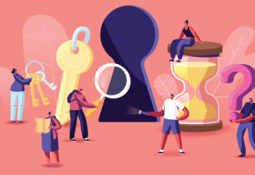 A colorful illustration featuring diverse people interacting with oversized keys, a magnifying glass, an hourglass, and a question mark.