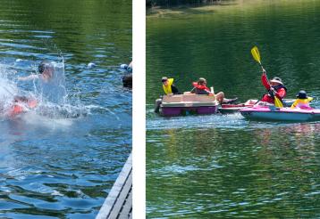 Collage of summer camp activities featuring kayaking, swimming, and playing in the water.