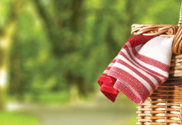 A red and white towel hangs from a wicker picnic basket in a wooded setting on a sunny day.