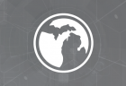 A white circular outline of Michigan against a gray geometric background.