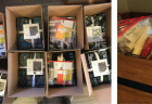 Five-image collage of kits being assembled for Family Nature Club, including materials for science experiments and bundled fabric for a blanket-making craft.