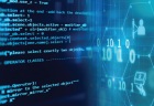 Blue icons and lines of code on two intersecting screens.