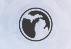 A black circular outline of Michigan against a light gray geometric background.