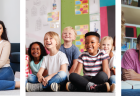 A collage of three images showing young children with parents, elementary students in a classroom, and teenagers in a library.