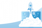 Illustration of a rocket taking off from an open laptop.