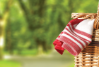 A red and white towel hangs from a wicker picnic basket in a wooded setting on a sunny day.