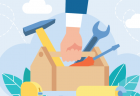 Illustration of a hand grabbing a toolbox full of tools such as a hammer and wrench.