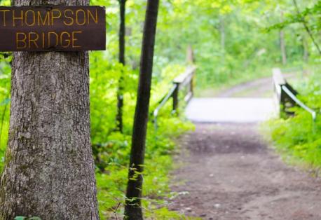 Closeup of a tree next to a path leading to a wooden bridge at Camp Tuhsmeheta. A sign on the tree says
