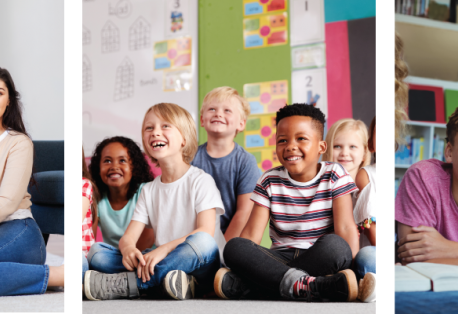 A collage of three images showing young children with parents, elementary students in a classroom, and teenagers in a library.