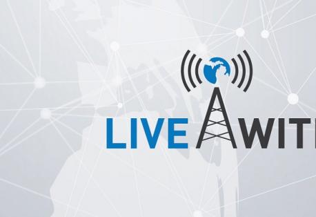 LIVE With LIO logo against a gray geometric background.