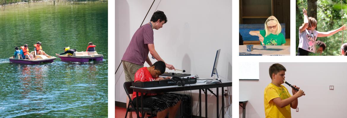 A collage of images showing students playing a keyboard and recorder, in kayaks at the lake, on the low ropes course, and a group photo of campers at the oak recreation center.