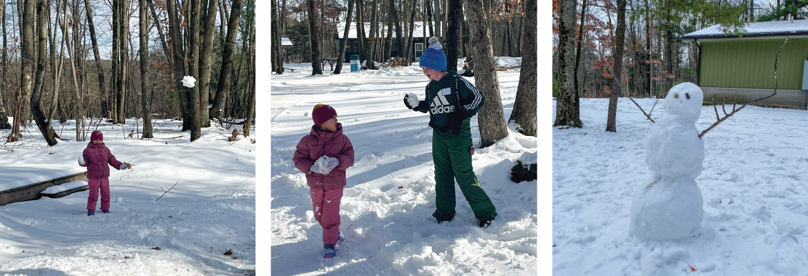 A collage of images shows student throwing snow balls and a snow man at Camp T.