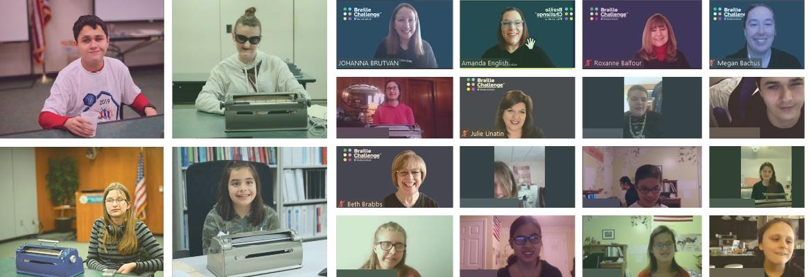 Smiling faces of students and volunteers at in-person and virtual Braille Challenge events.