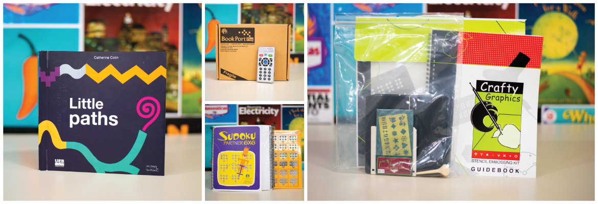 Collage of four APH products: a book called