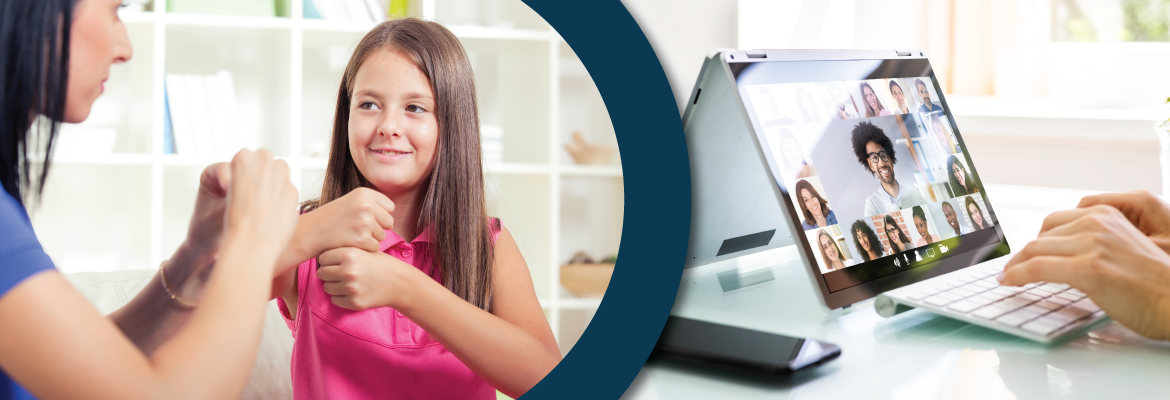 On the left a girl uses American Sign Language with an adult. On the right an open computer on a desk runs video conferencing software. 