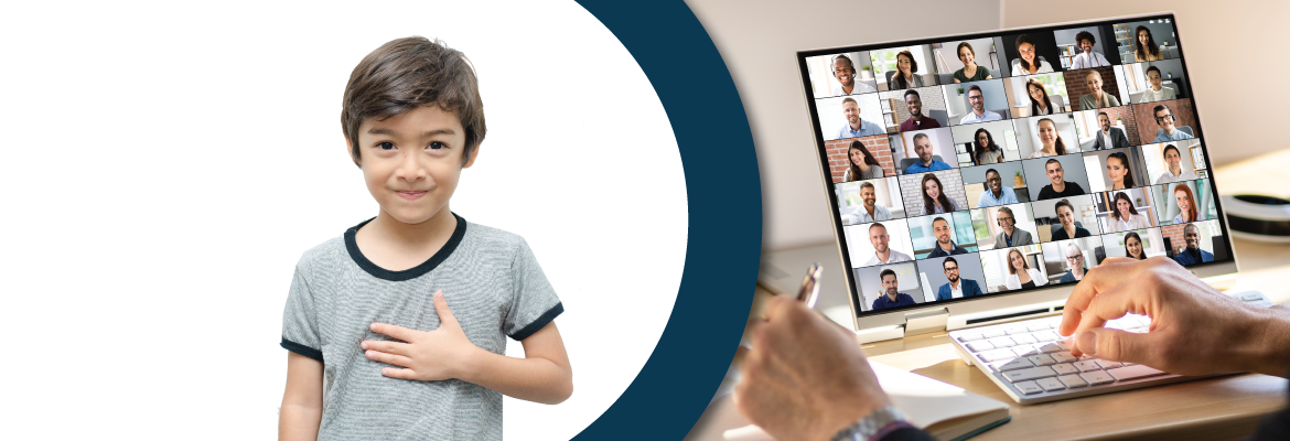 On the left a boy uses American Sign Language. On the right is an open laptop running teleconferencing software. 