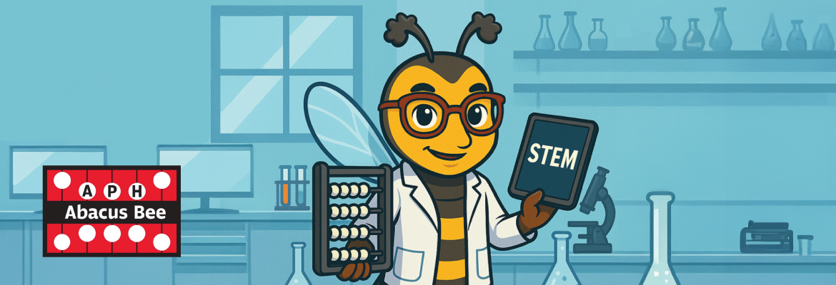 A cartoon bee wearing a lab coat, and holding an abacus in a laboratory.