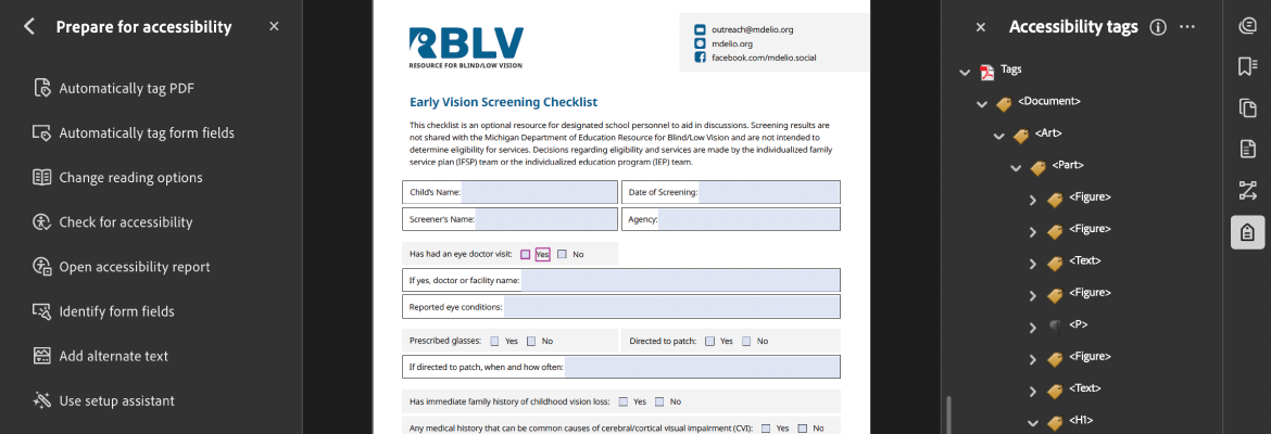 A screenshot of an RBLV document open in Acrobat Pro. Accessibility tools are opened and the tagging structure is displayed.