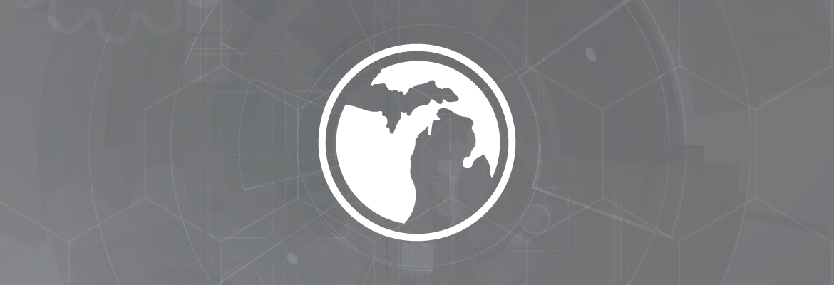 A white circular outline of Michigan against a gray geometric background.