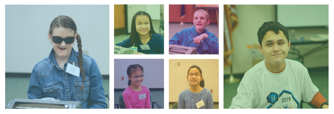 Six-image collage of students smiling at the camera at previous Michigan Braille Challenge competitions.