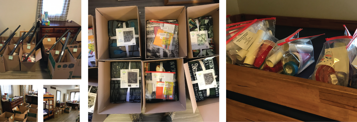Five-image collage of kits being assembled for Family Nature Club, including materials for science experiments and bundled fabric for a blanket-making craft.