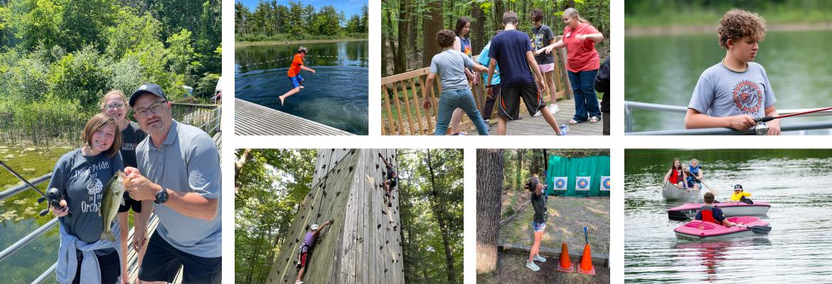 A collage of images show kids fishing, swimming, on a climbing wall, in kayaks, on a balancing deck, and doing archery. 