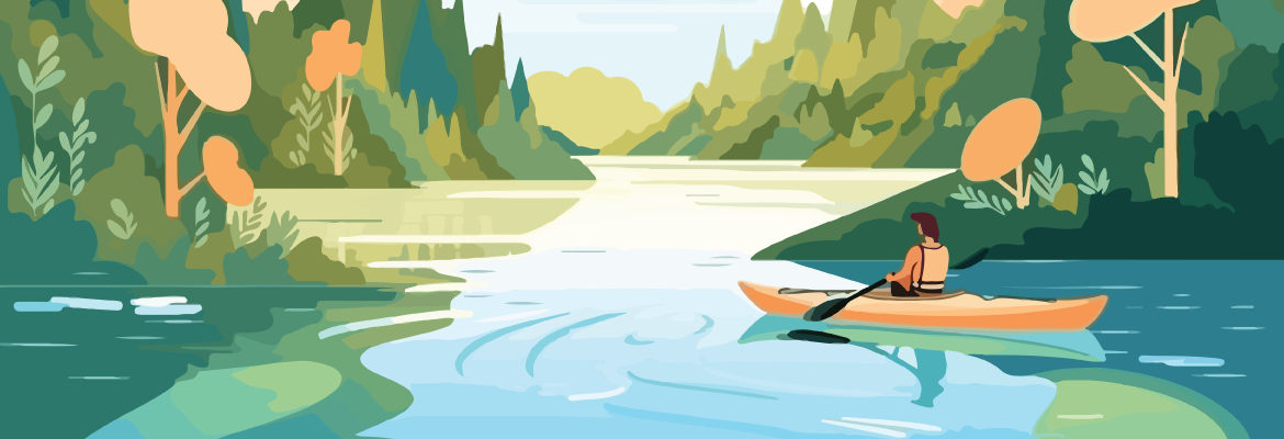 An illustration of someone kayaking on a tree lined lake. 
