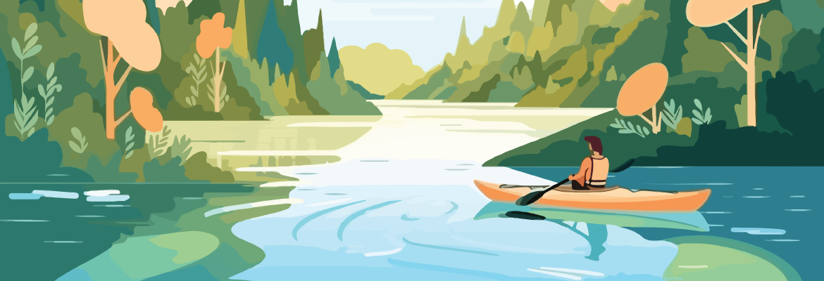 An illustration of someone kayaking on a tree lined lake.