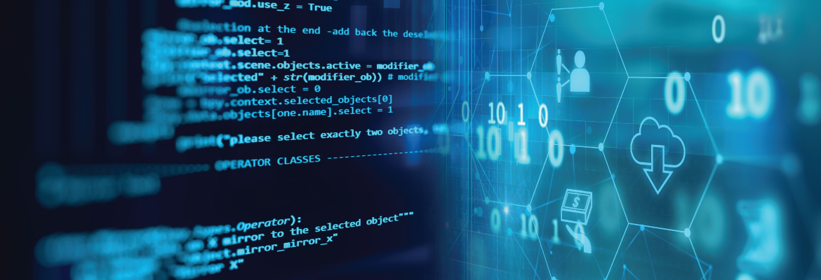 Blue icons and lines of code on two intersecting screens.