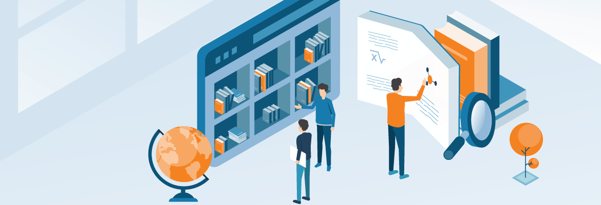 Illustration of three people standing next to a bookshelf and a larger-than-life globe, book, and magnifying glass.