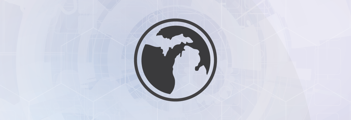 A black circular outline of Michigan against a light gray geometric background.