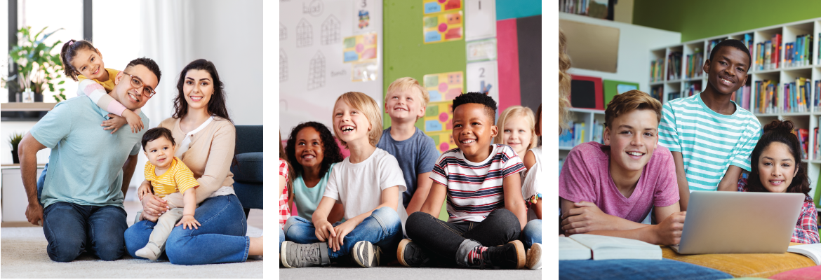 A collage of three images showing young children with parents, elementary students in a classroom, and teenagers in a library.