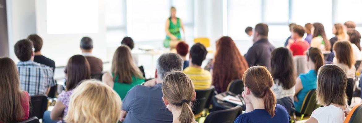 View from behind a crowd of people who are sitting in a large room and listening to a presenter.