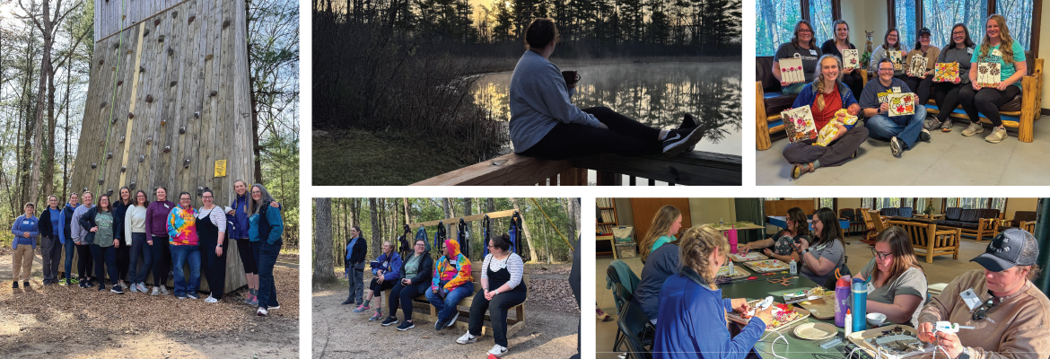 Group of people enjoying outdoor activities and craft sessions in nature, including a climbing wall, lakeside relaxation, and indoor gatherings.