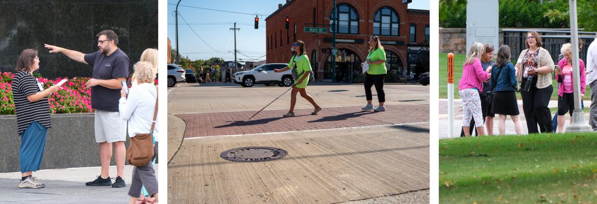 A collage of images shows a student with a white cane crossing a city street and TVI's testing O&M devices outdoors. 