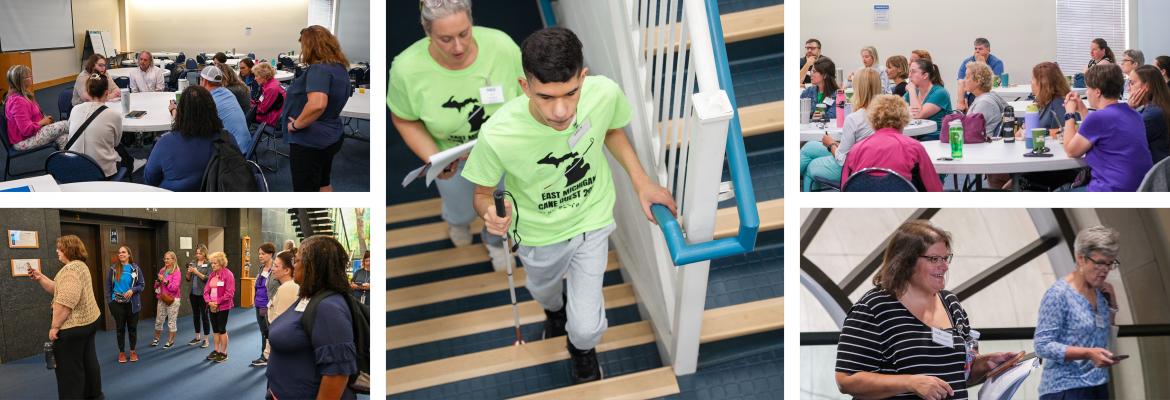 A collage showing O&M Professionals talking in small groups and testing devices. A student uses a cane to walk up stairs. 