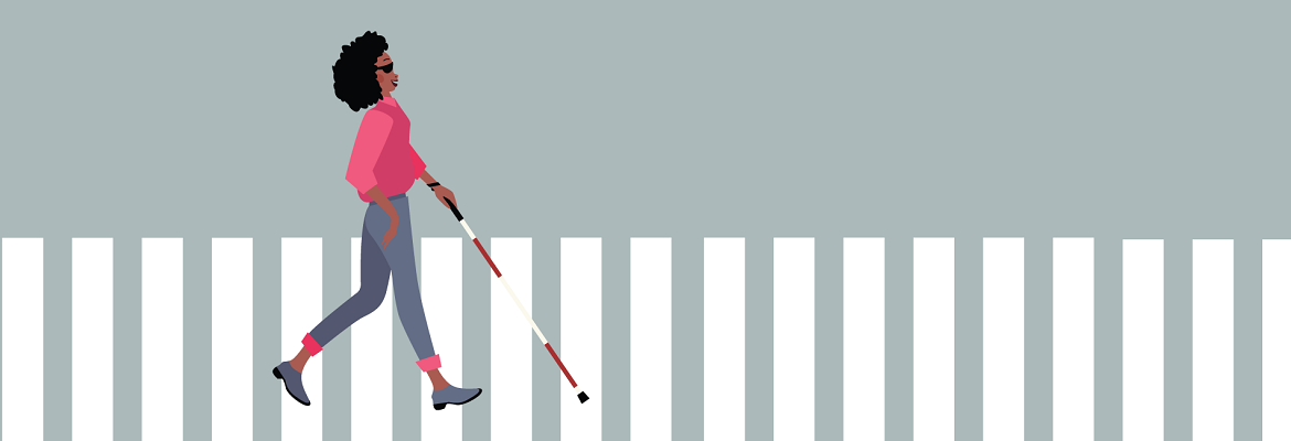 Illustration of a smiling woman wearing dark glasses and using a white cane to cross a crosswalk.