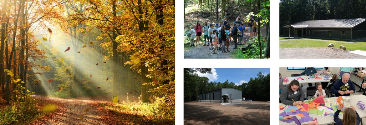 A collage of images showing an autumn forest path, Students walking a forest trail, Sassafras Science and Nature Center, Oak Recreation Center, and Students doing a craft activity with Camp T staff.