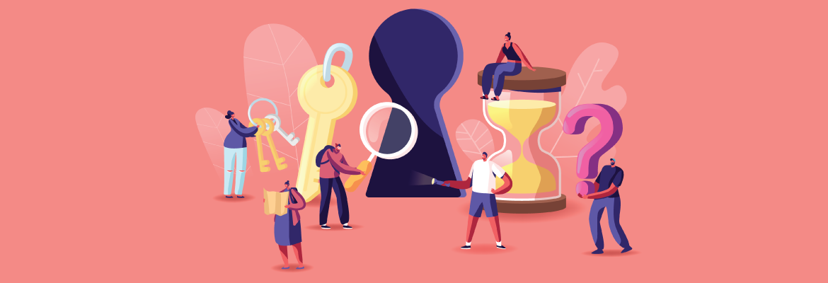 A colorful illustration featuring diverse people interacting with oversized keys, a magnifying glass, an hourglass, and a question mark.