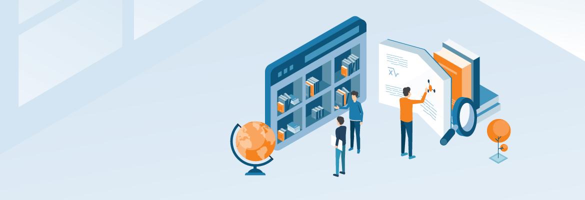Illustration of three people standing next to a bookshelf and a larger-than-life globe, book, and magnifying glass.