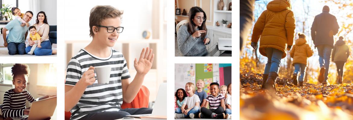 A collage of images showing students in classrooms and using ASL, families at home and hiking.