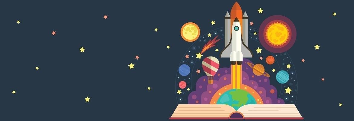 Illustration of a space shuttle taking off from an open book. The shuttle is surrounded by stars, planets, and a hot air balloon.