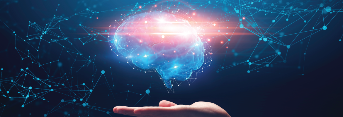 Digital illustration of a human brain floating over an open palm.