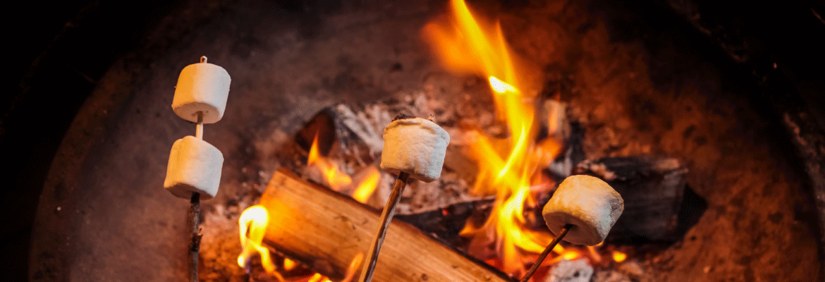 Marshmallows roasting over a campfire.